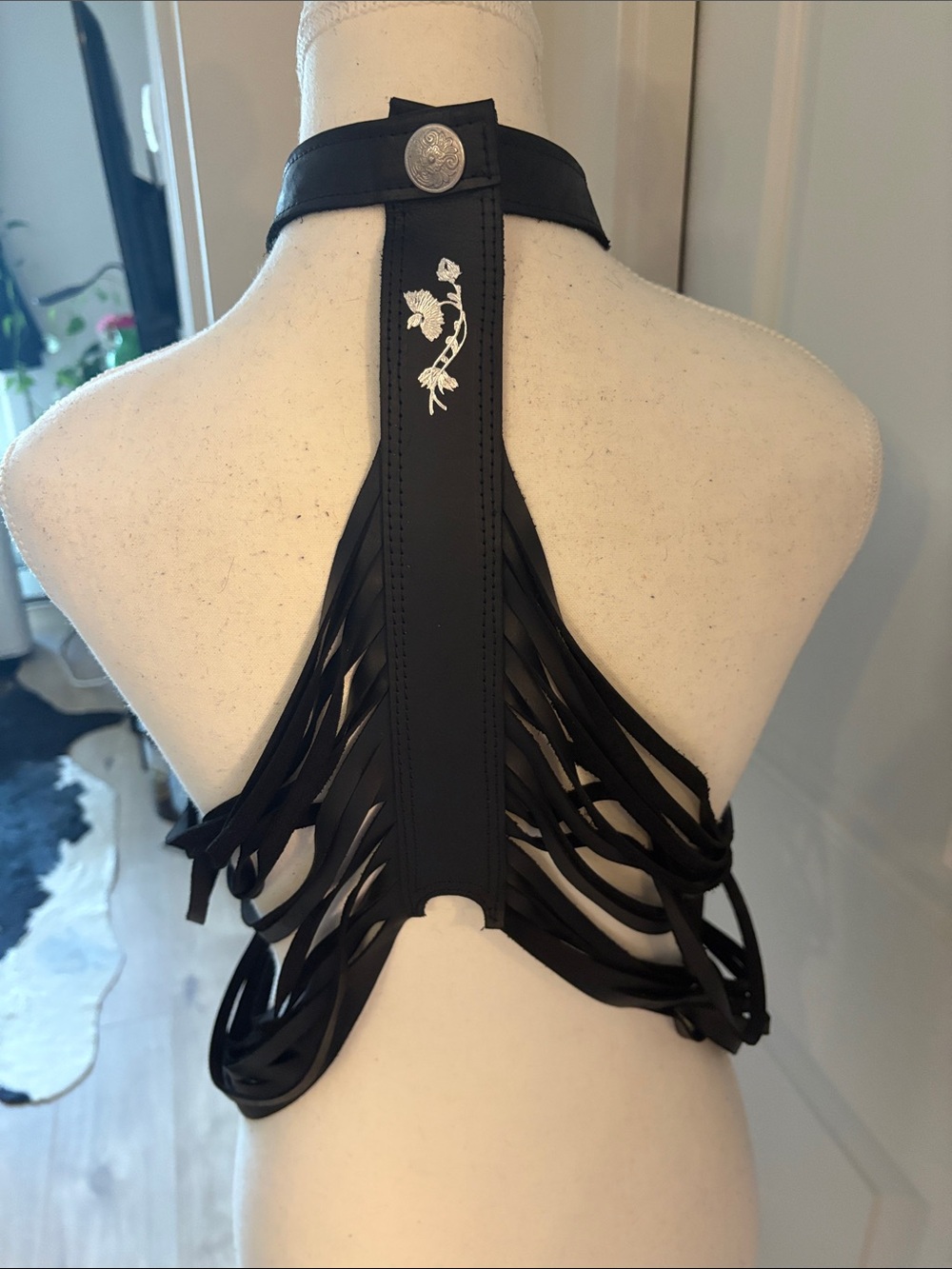 The Athena by thistle industry Edgy Black Leather Fringe Harness Necklace top - Picture 5 of 5
